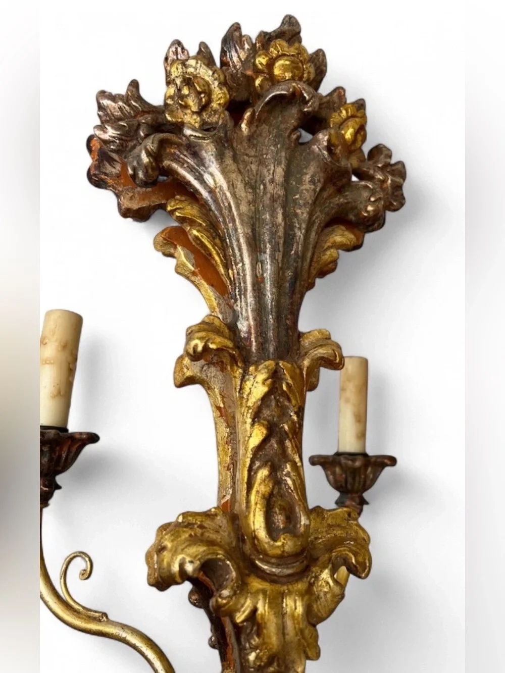 Pair Antique Carved Italian Gilt Gibson & Gibson 2-Arm Wired Wall Sconces